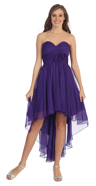 Strapless Floral Accent High Low Cocktail Party Dress