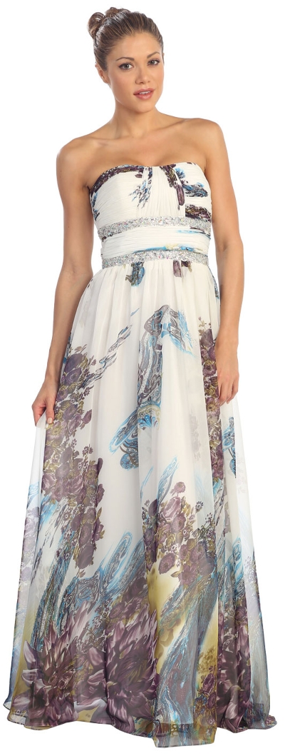 Strapless Printed Long Formal Prom Dress with Beaded Waist