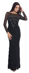 Floral Beaded Lace Full Sleeves Long Formal MOB Dress in Black