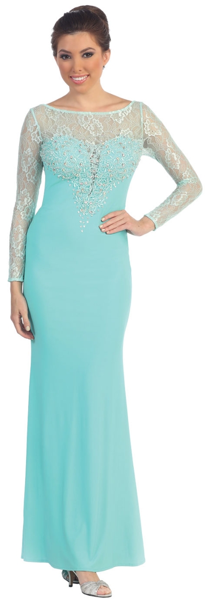 Floral Beaded Lace Full Sleeves Long Formal MOB Dress