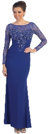 Floral Beaded Lace Full Sleeves Long Formal MOB Dress in Royal Blue