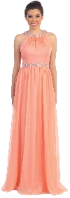 Halter neck Floor Length Formal Prom Dress with Rhinestones in Coral