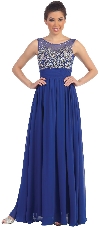 Bejeweled Mesh Top Long Formal Prom Dress in Royal Blue