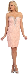 Bejeweled Bust Strapless Short Prom Party Dress In Lace in Peach