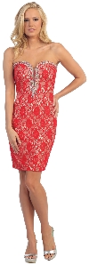 Main image of Bejeweled Bust Strapless Short Prom Party Dress In Lace