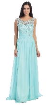 Round Neck Lace Beaded Bodice Long Formal Prom Dress in Aqua