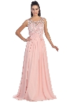 Round Neck Lace Beaded Bodice Long Formal Prom Dress in Blush