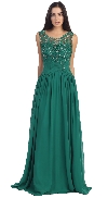 Round Neck Lace Beaded Bodice Long Formal Prom Dress in Hunter Green