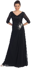 V-Neck Lace Top Long Formal Mother of the Bride Dress in Black