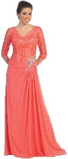 V-Neck Lace Top Long Formal Mother of the Bride Dress in Coral