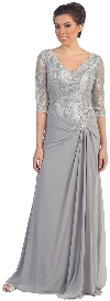 V-Neck Lace Top Long Formal Mother of the Bride Dress in Silver