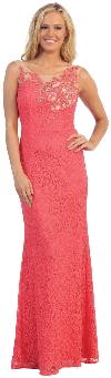 Round Neck Lace Formal Prom Dress with Floral Cutout Design in Coral