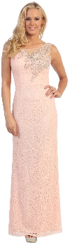Round Neck Lace Formal Prom Dress with Floral Cutout Design in Peach