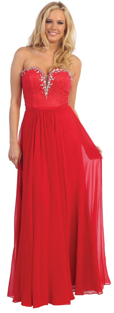 Strapless Long Formal Prom Dress with Lace & Rhinestones