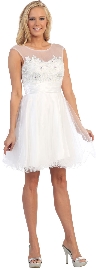 Floral Pattern Bodice Short Tulle Party Prom Dress in White
