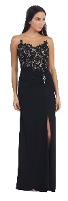 Floral Lace Beaded Bust Front Slit Long Formal Prom Dress in Black