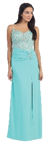 Floral Lace Beaded Bust Front Slit Long Formal Prom Dress in Mint