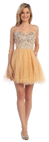 Strapless Bejeweled Bodice Short Tulle Prom Party Dress in Gold