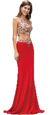 Bejeweled Top Long Jersey Skirt Two Piece Prom Dress in Red