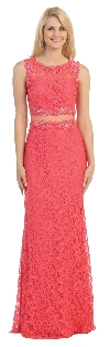 Sheer Lace Bejeweled Long Formal Evening Prom Dress in Coral