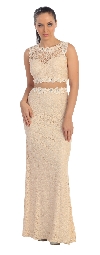 Sheer Lace Bejeweled Long Formal Evening Prom Dress in Nude
