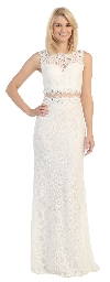 Sheer Lace Bejeweled Long Formal Evening Prom Dress in Off White