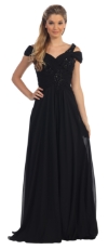 V-Neck Beaded Ruched Bodice Long Formal MOB Dress in Black