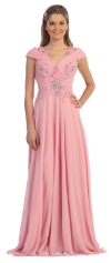 V-Neck Beaded Ruched Bodice Long Formal MOB Dress in Dusty Rose