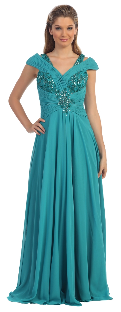 V-Neck Beaded Ruched Bodice Long Formal MOB Dress