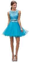 Embroidered Lace Top Baby Doll Short Homecoming Party Dress in Aqua