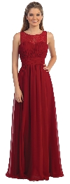 Lace Neck Ruched Bust Long Formal Bridesmaid Dress in Burgundy