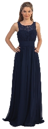Lace Neck Ruched Bust Long Formal Bridesmaid Dress in Navy