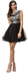 Bejeweled Mesh Bodice Cap Sleeves Short Baby Doll Dress in Black