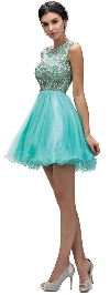 Bejeweled Mesh Bodice Cap Sleeves Short Baby Doll Dress in Mint