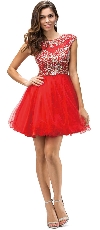 Bejeweled Mesh Bodice Cap Sleeves Short Baby Doll Dress in Red