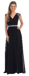 V-Neck Pleated Jewels Waist Long Formal Bridesmaid Dress in Black