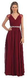 V-Neck Pleated Jewels Waist Long Formal Bridesmaid Dress in Burgundy
