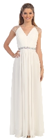 V-Neck Pleated Jewels Waist Long Formal Bridesmaid Dress in Off White