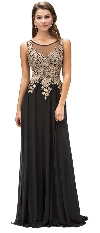 Jewel Embellished Sheer Mesh Top Chiffon Prom Dress in Black