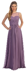 Mesh Neck Ruched Bust Long formal Bridesmaid Dress in Dusty Lilac