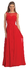 Mesh Neck Ruched Bust Long formal Bridesmaid Dress in Red