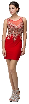 Brocade Beaded Lace Bodice Fitted Short Prom Party Dress in Red