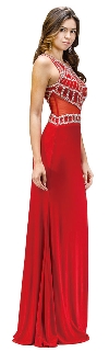 Bejeweled Top Sheer Waist Floor length Prom Dress in Red