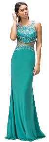 Bejeweled Top Sheer Waist Floor length Prom Dress in Teal