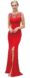 Jewel Accents Sheer Back & Neck Long Formal Prom Dress in Red