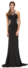 Bejeweled Sheer Mesh Top Floor Length Formal Prom Dress in Black