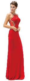 Bejeweled Sheer Mesh Top Floor Length Formal Prom Dress in Red