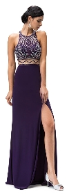 Sleeveless Beaded Top High Neck Long Formal Prom Dress in Purple