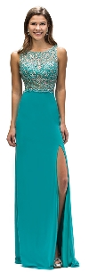 Boat Neck Jewel Mesh Top Long Formal Prom Dress in Teal