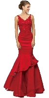 V-neck Lace Bodice Layered Skirt Formal Long Prom Dress in Red